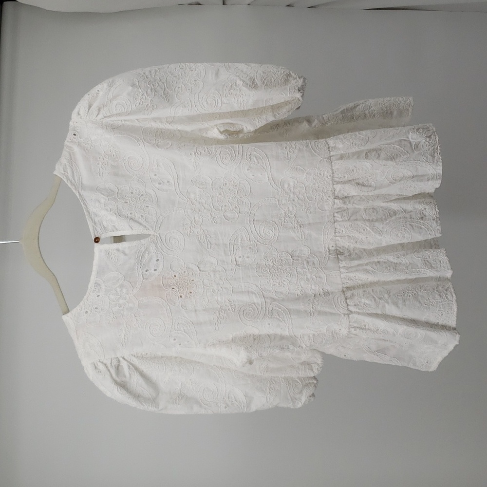 Nanette Lepore Eyelet Peplum Short Puff Sleeve White Keyhole Blouse Size XL - Picture 8 of 12